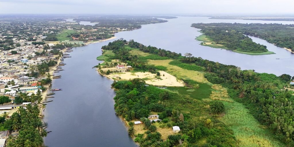 Aerial view of the Volta River at Ada Foah, Ghana